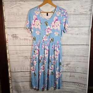 DB Moon Blue Floral Midi Dress Large Cottagecore Boho‎ Stretch
